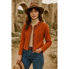 Vintage Hal Rubenstein Orange Suede Leather Jacket   Size M   Chain Trim Western