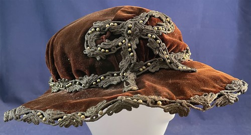Edwardian Gold Lame Beaded Braid Soutache Trim Brown Velvet Wide Brim Hat VTG - Picture 3 of 6