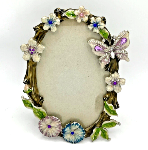 Rhinestone & Enamel Flowers Butterflies Oval Metal Picture Frame, 4x6" Photo