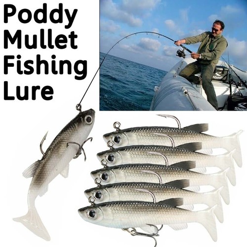 5x Soft Plastic Vibe Lures Poddy Mullet Flathead Jig Heads Barra Cod ...