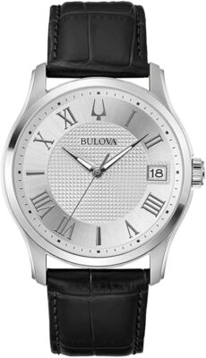 Bulova Silber Herren 41mm Analog Quarz Uhr mit schwarzem Lederarmband 96B388