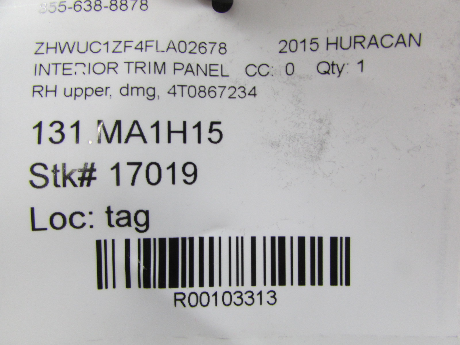 Lamborghini Huracan, RH, Right Upper Trim, Black, Alc, Dmg, Used, P/N 4T0867234