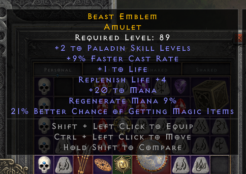 Diablo 2 Resurrected D2R -2-paladin skills/9%FCR/21%MF Amulet - SC - PC -NL