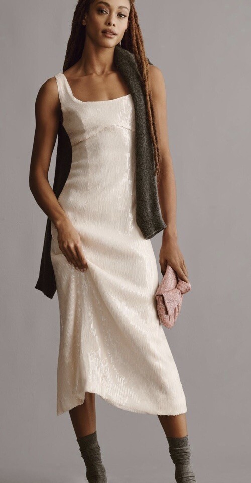 Anthropologie Pilcro Sequin Midi Dress In Ivory Sz Large New Bombshell Thin  | eBay