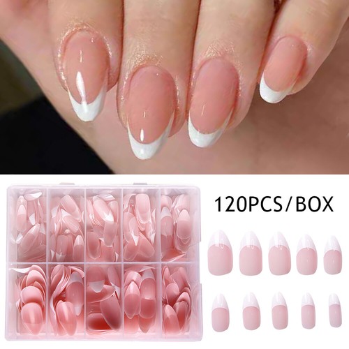 120Pcs Almond False Nails French Full Cover Press On Nails Nail Tips Reusable