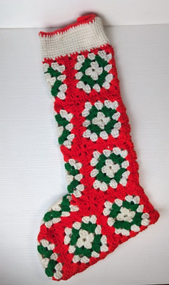 Vintage Crocheted Granny Square Christmas Stocking Red Green handmade FLAW