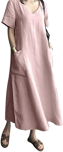 AUDATE Women's Maxi Dress Solid Plus Size Loose Cotton Linen Long Dresses with P