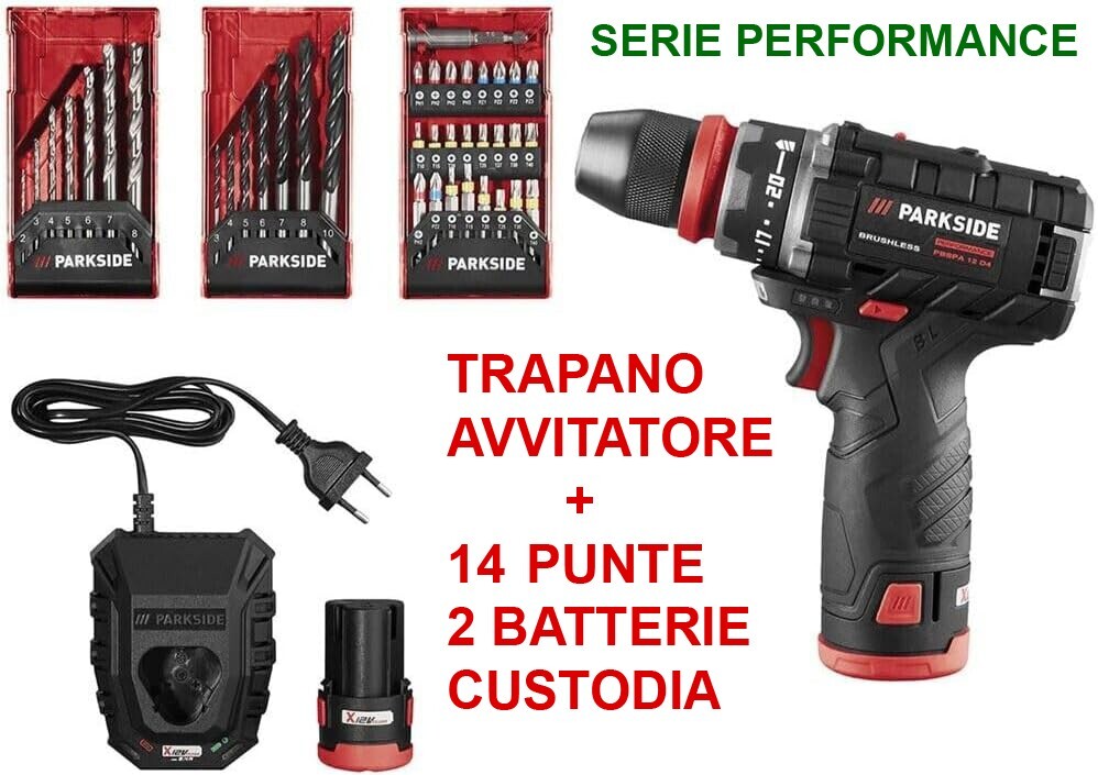 Set Trapano Avvitatore Parkside performance 12V + 2 batterie + 1 caricabatterie