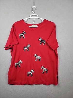 Bechamel 100% Cotton Red Novelty Zebra Embroidered SS V Neck Tee Women's Plus 2X