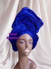 Aso-Oke African Headtie Auto Gele, Royal Blue Empress headwear