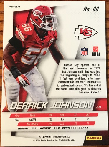 2014 Panini Prizm Prizms Red White & Blue Derrick Johnson #88 Kansas City Chiefs - Picture 2 of 2