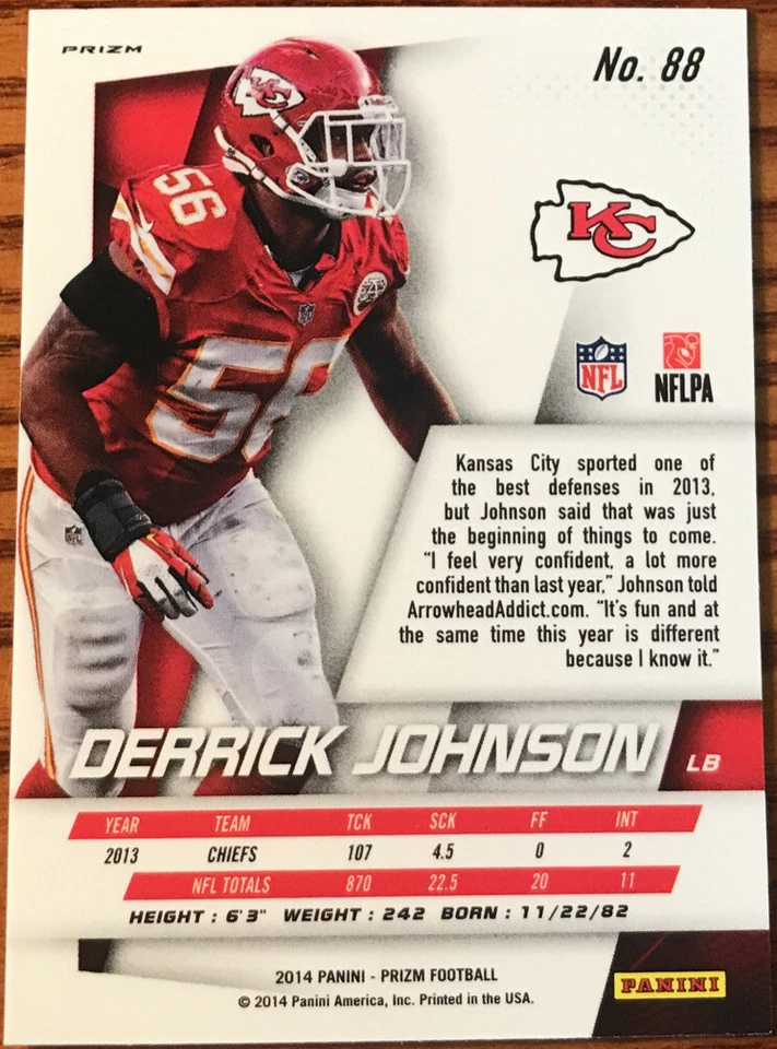 2014 Panini Prizm Prizms Red White & Blue Derrick Johnson #88 Kansas City Chiefs - Image 2 of 2