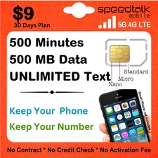 SpeedTalk Preloaded SIM Card Kit Unlimited Talk Text Data 5G 4G LTE