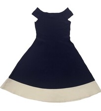 Eliza J Stretchy Navy Blue White Fit & Flare Dress Off Shoulder Short Sleeve 10