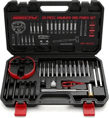Premium Pin Punch Hammer Set: 25 Piece Punch Set and Hammer with Bench Block