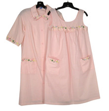 VTG SEARS Pink TWILL Button-Up FLORAL TRIM Lounge ROBE/NIGHTGOWN SET Sz 32/34