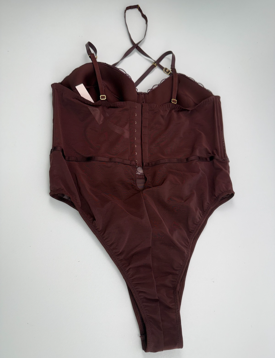 Victoria's Secret Lined Floral Lace Teddy Snap On Bodysuit Brown