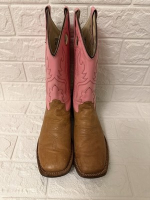 Old West Pink Tan Wester Boots Youth Girls Size 7 Pull On Square Toe