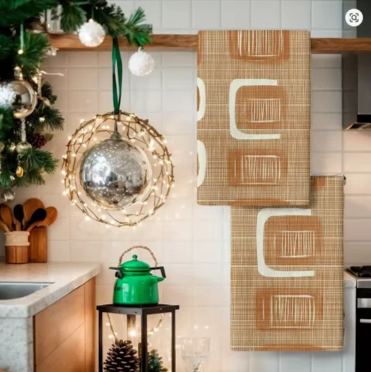 2PCS Kitchen Towels Dish Cloths Burnt Orange Mid Century Geometric Holiday - Image 2 of 4