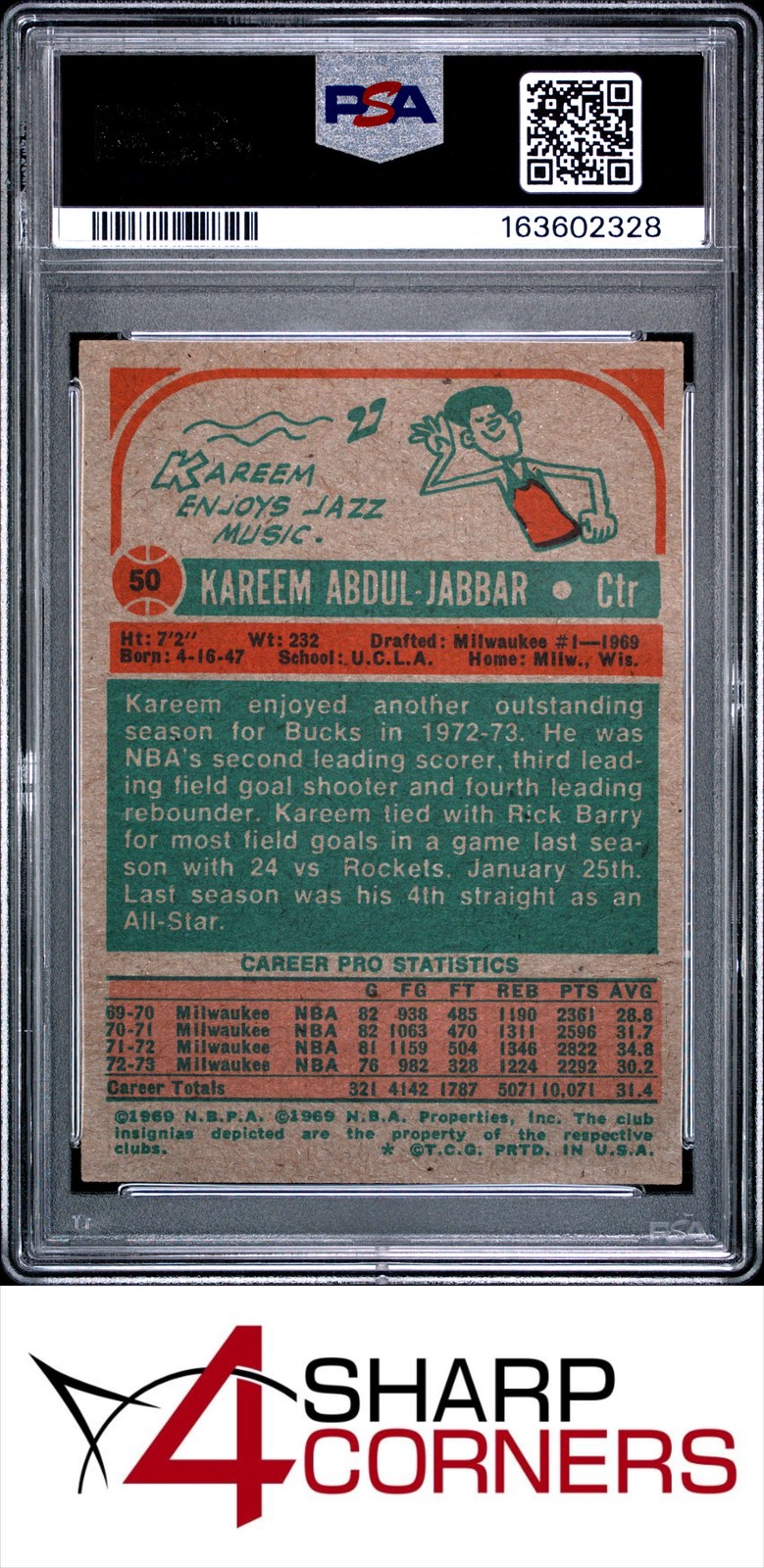 1973 TOPPS #50 KAREEM ABDUL-JABBAR BUCKS HOF PSA 6 view 2