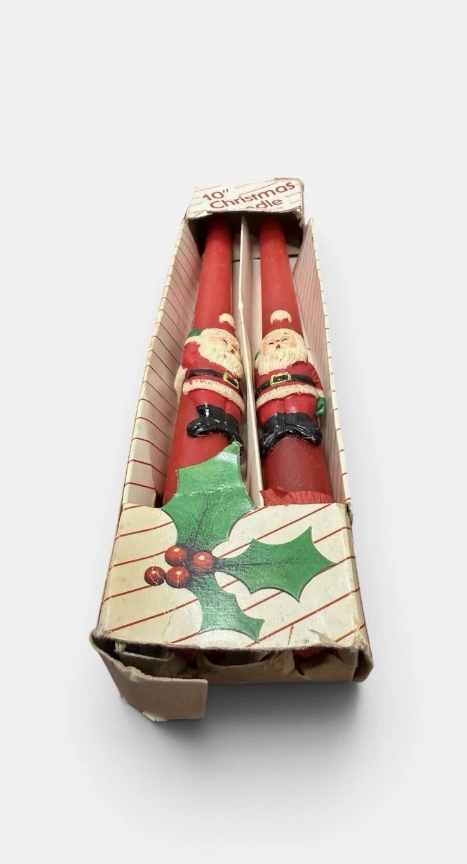 Set of 2 Santa Clause Christmas Sculptured Tapers Candles In Orig Box Vintage image 5