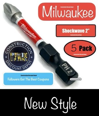 Small 5 Pack Phillips PH2 Milwaukee Shockwave Impact Duty Bit 2'' Drill Bits