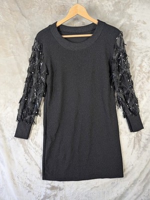 Französisches schwarzes Lurex Glitzer Kleid Pailletten Quaste Netzärmel One Size Party