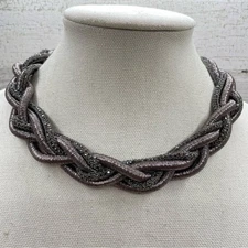 Unsigned Gray Sparkly Corded Braided Choker Necklace Black Rhinestone Necklace