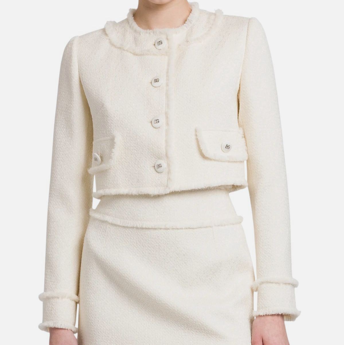 Dolce & Gabbana Women's Ivory Wool-Blend Tweed Cropped Jacket Size 44