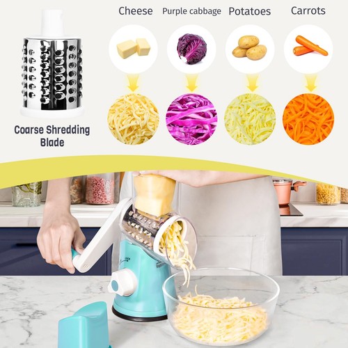 X Home Rotary Cheese Grater Kitchen Shredder w/ 3 Blades Handle and Suction Base - Picture 48 of 53