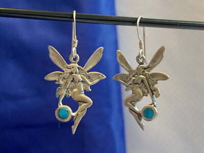 Sterling Silver Fairy / Pixie Earrings 3.95g Fine Jewelry Blue Turquoise Stones