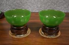 PAIR OF 5" GENUINE JADE GREEN  CHINESE PEKING GLASS BOWLS W/ CARVED EBONY STANDS