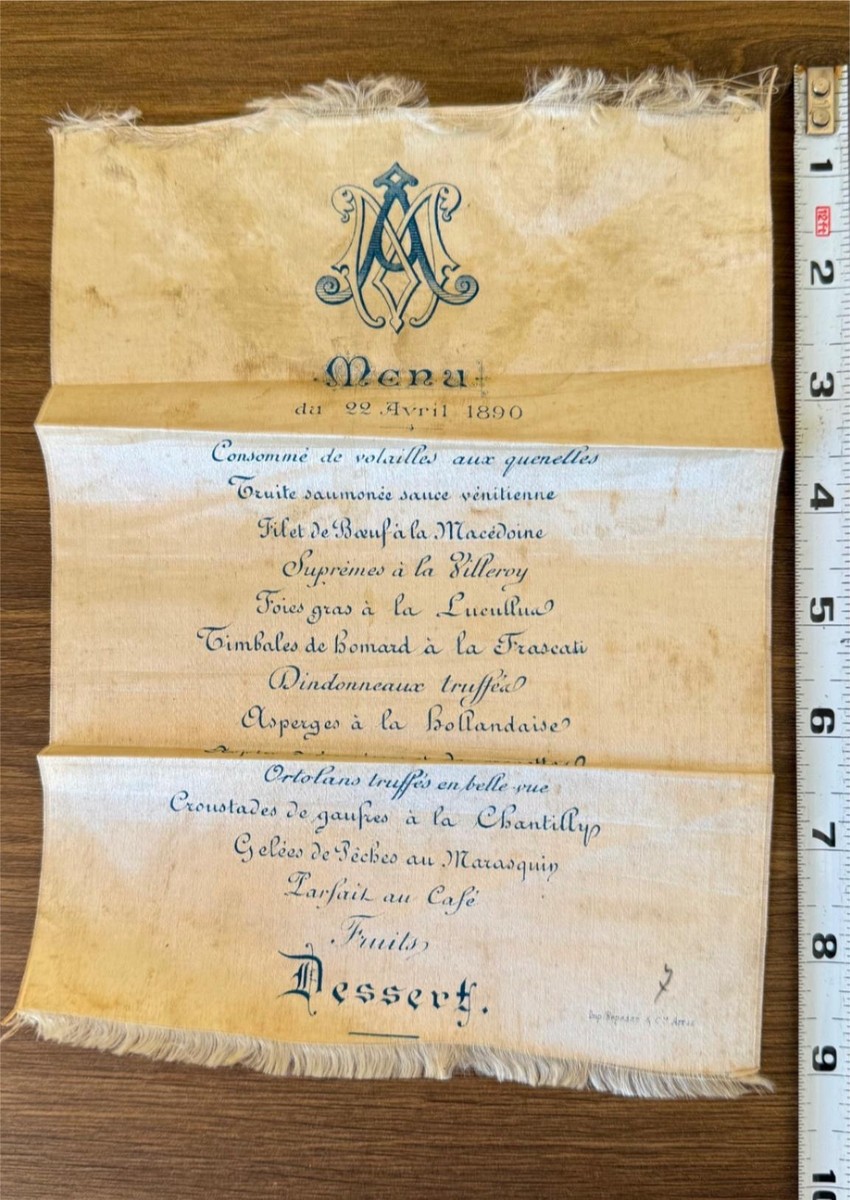 1890 French Mystery Menu Catholic Auspice Maria Symbol Silk Cloth