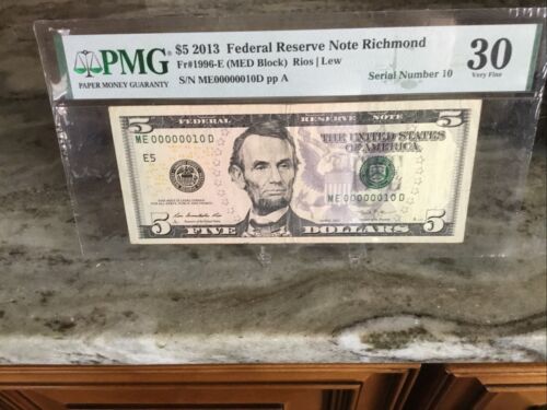 $5 2013Federal Reserve Note Richmond PMG 30 Low Serial No. 00000010 - Picture 2 of 10