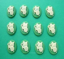 12 Ivory color BUTTERFLY on Green Left Facing (6 pairs) 18mm x 13mm CAMEOS Lot