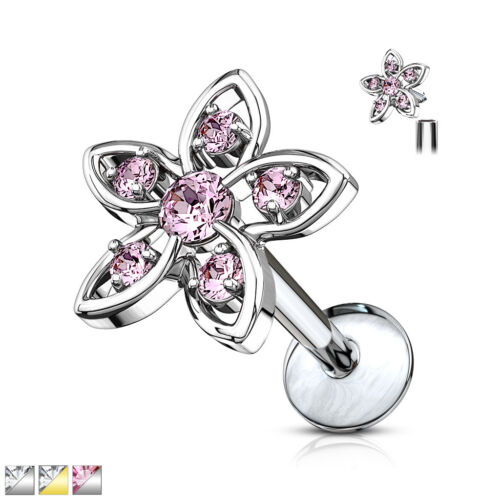 CZ Flower Internally Threaded Surgical Steel Labret Monroe Ear Cartilage Stud - Picture 1 of 4