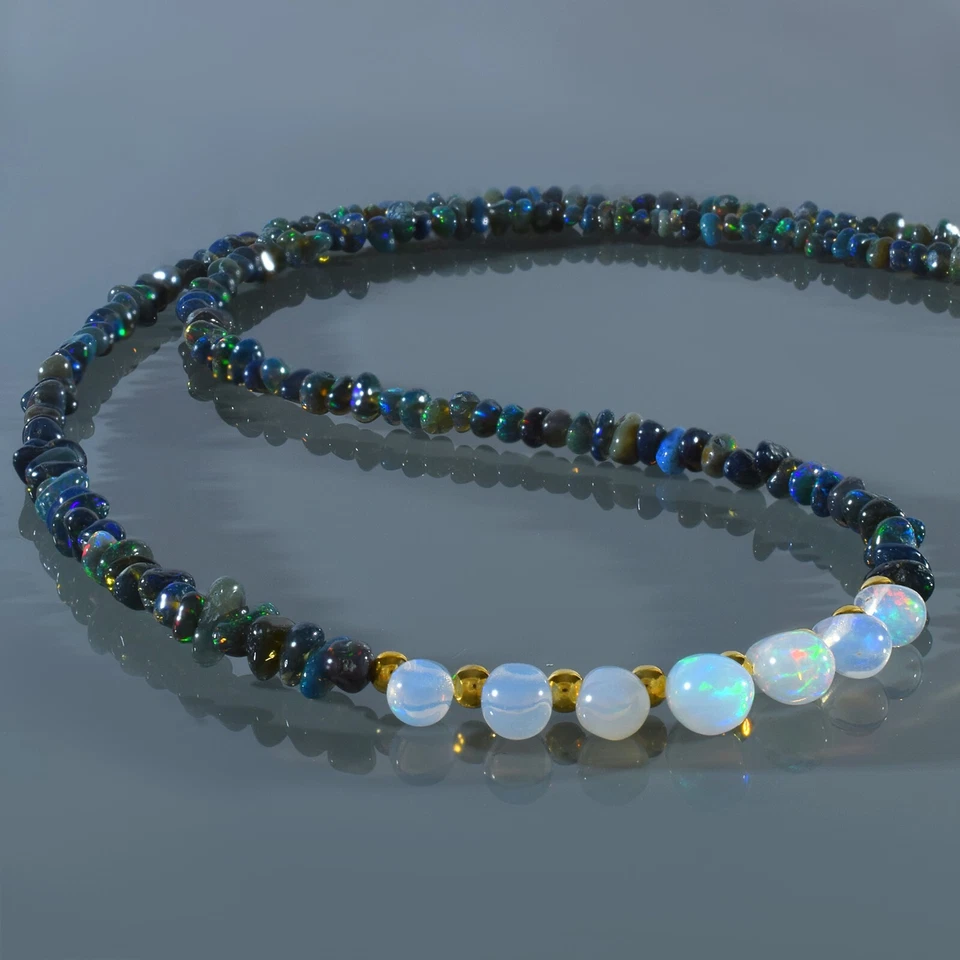 Handcrafted Natural Rainbow Fire Black Opal Beads 925 Silver Chain Necklace 18" - Image 2 of 4