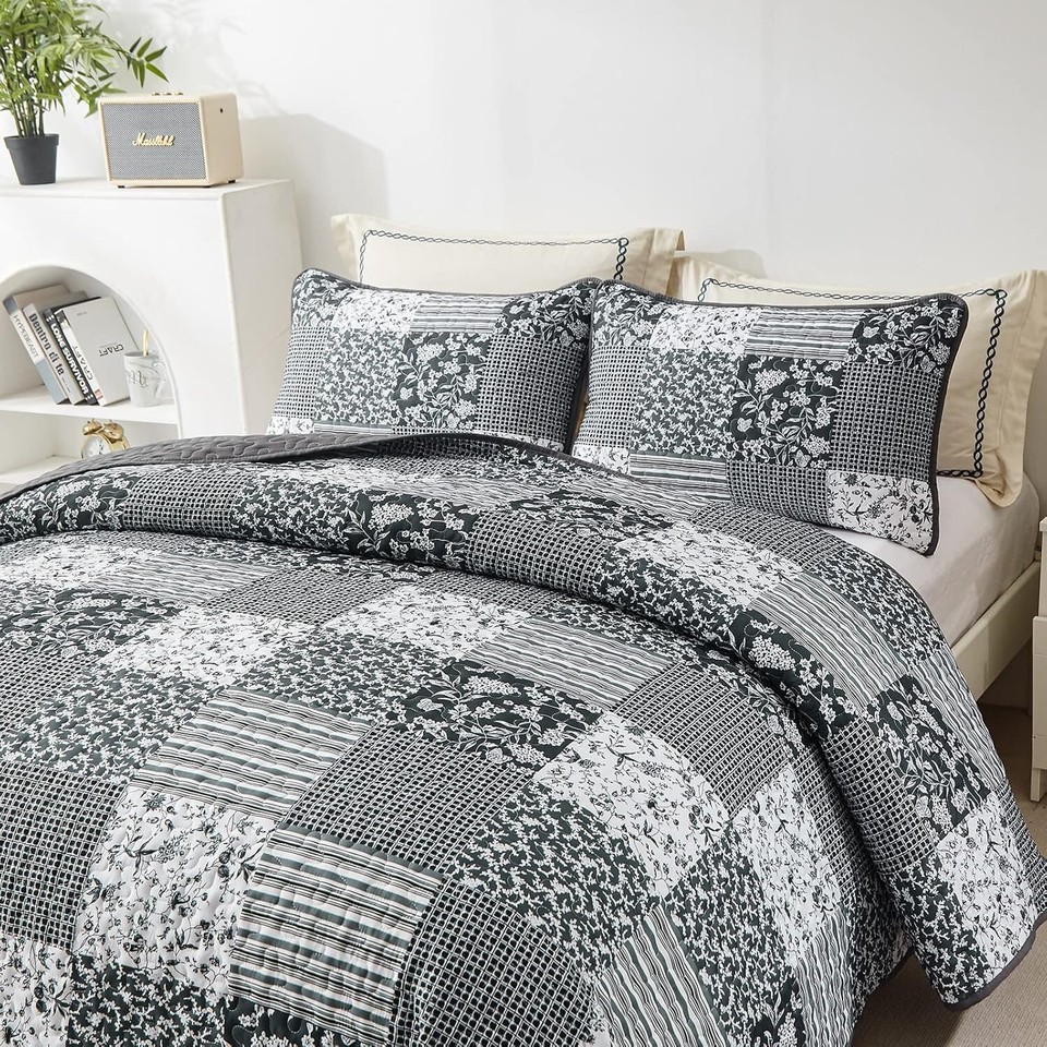 Grey Boho Quilt Set King Size,3 Pieces Plaid Floral Bedspread Coverlet