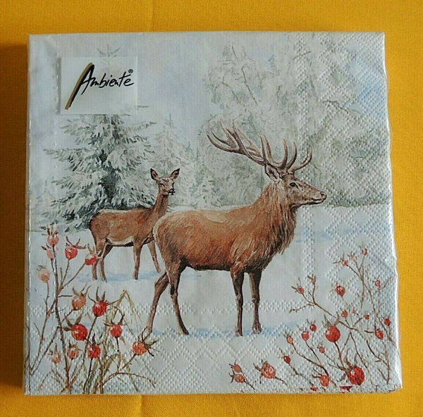 20 Servietten Hirsche Rehe Schnee Weihnachten 1 Packung Ambiente Wald Hagebutte-image