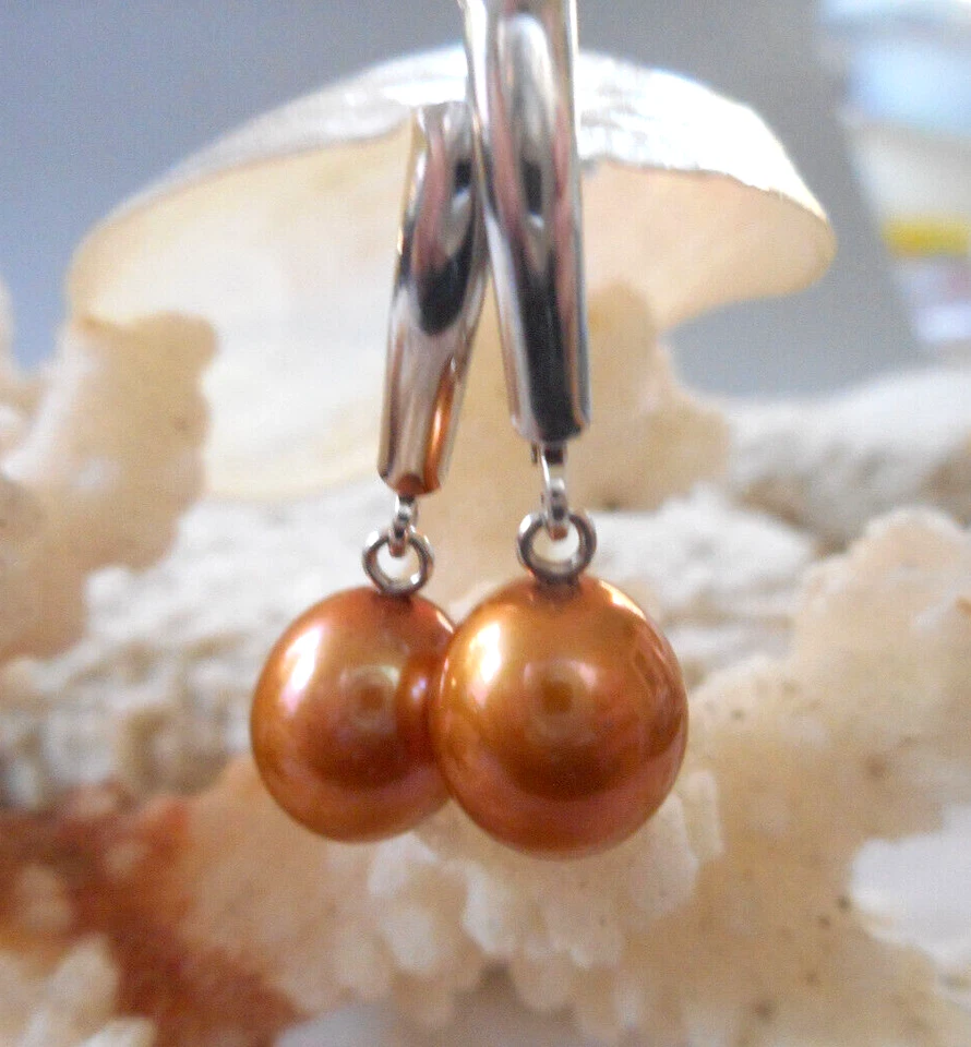 Pendientes colgantes de plata de ley de perlas marrones doradas 29-19A Foto 3 de 4
