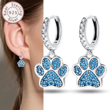 KUNSIR 925 Sterling Silver Blue Paw Dangle Huggie Hoop Earrings Women Jewelry