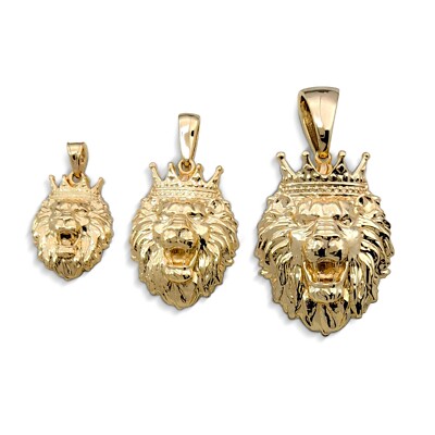 Real 18K Yellow Gold Lion Pendant with Crown, 3 Sizes, Leo King Pendant