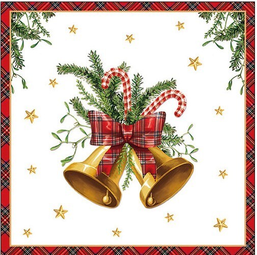 4 x Paper Napkin/3Ply/33cm/Decoupage/Christmas Bells with Tartan Bow