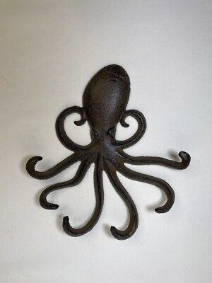 Large Squid Hat Hook, Key Rack Cast Iron Octopus Towel Hanger Coat  Nautical