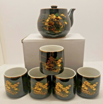 Vintage Japanese Teapot Set Fancy Gold Accents 7pcs