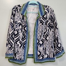 Chicos Jacket Size 3 Womens Open Front Cotton Lined White Blue Aztec Large Linen
