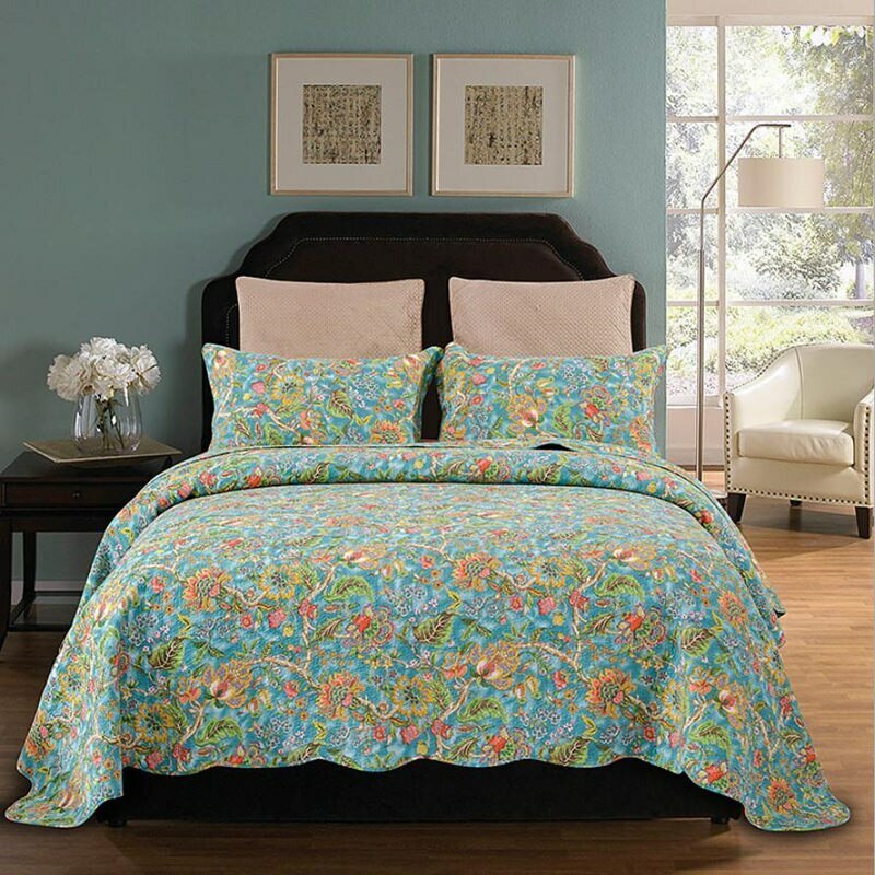 Flower Quilted Cotton Bedspread 3Pcs Queen size Bedding Cove