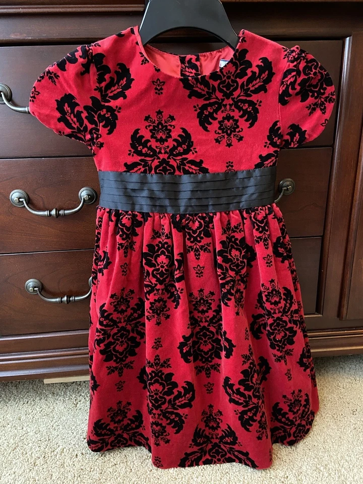 Twin Set Lot Girl’s 6 6X Red black velvet damask Holiday Christmas Bow Dress - Image 2 of 4