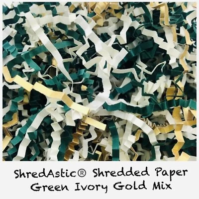 ShredAstic® Shredded Paper Mix Dark Green Ivory Gold Crinkle Cut Zig Zag