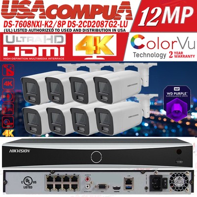 Hikvision 8CH 4K POE IP Camera System 4K NVR DS-2CD2087G2-LU 8MP ColorVu Lot